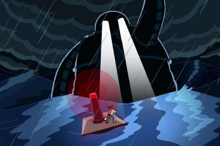 A giant octopus with glowing eyes and lights, a villain character in a stormy sea, looking at a small boat.