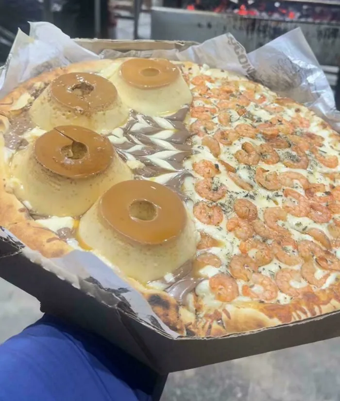 A split pizza topped with flan and shrimp as questionable food combos.