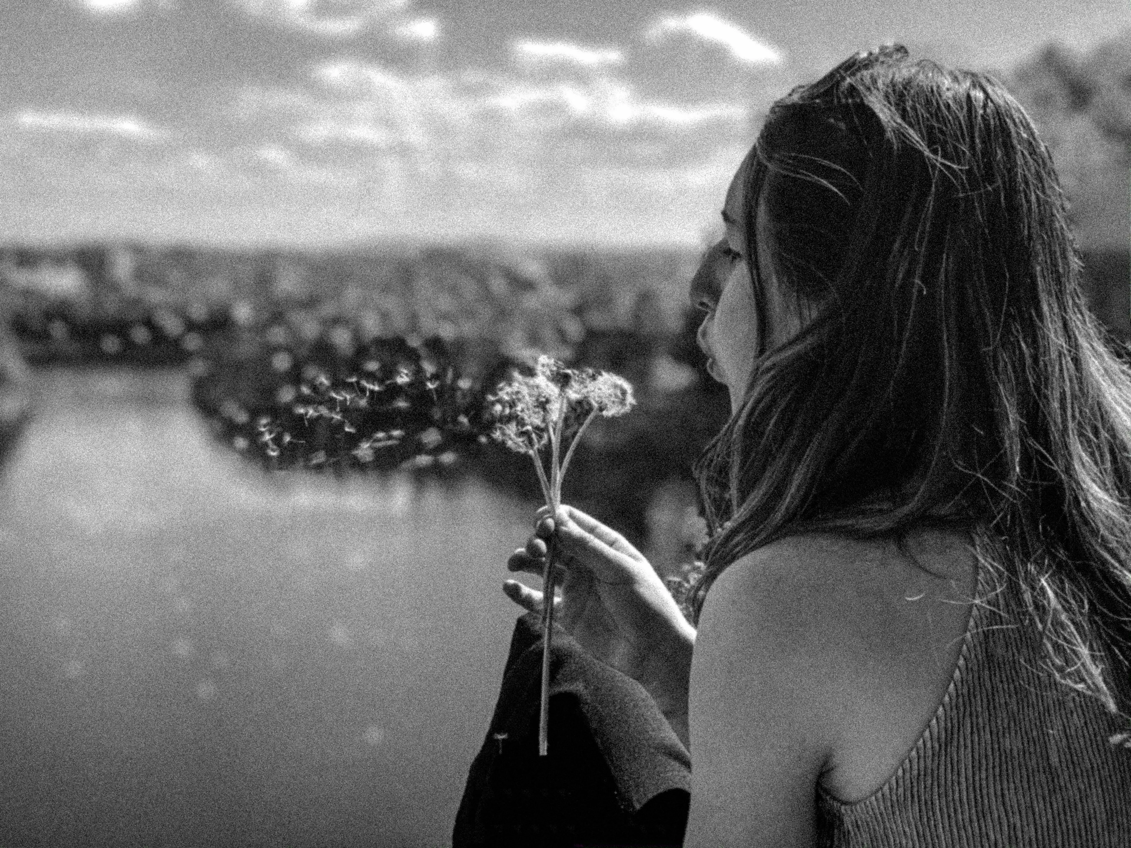 A woman blowing on a dandelion with a blurred background, thinking about why things happen and her Angel Number.