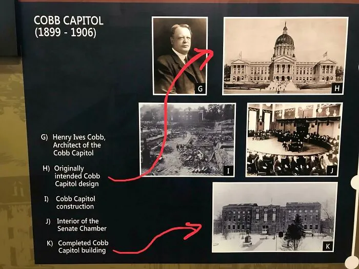 Architects vision vs reality: A historical display detailing the Cobb Capitol building's intended design by Henry Ives Cobb, construction, and final reality.