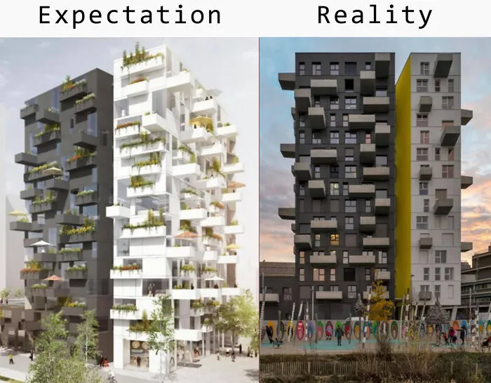 Side-by-side comparison of an architectural vision for a modern building with balconies and greenery, and its less vibrant, grey reality.