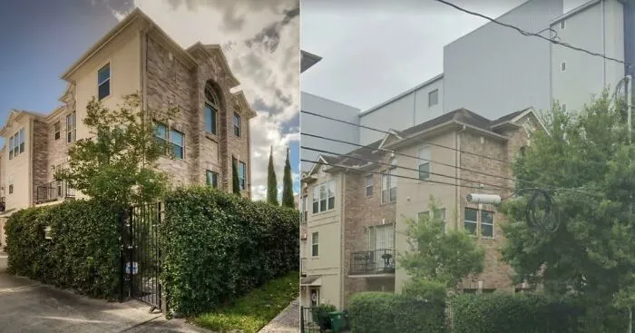 Architects vision vs reality: A comparison of an elegant multi-story building with lush landscaping and its more ordinary, overgrown real-world twin.