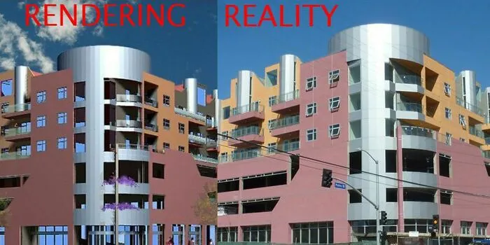 Architects vision vs reality: A split image showing an architectural rendering of a modern building next to its less appealing real-life counterpart.
