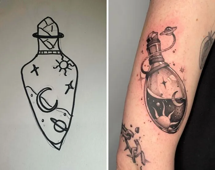 Before and after a stunning tattoo of a cosmic potion bottle with a sun and moon, symbolizing new tattoos.