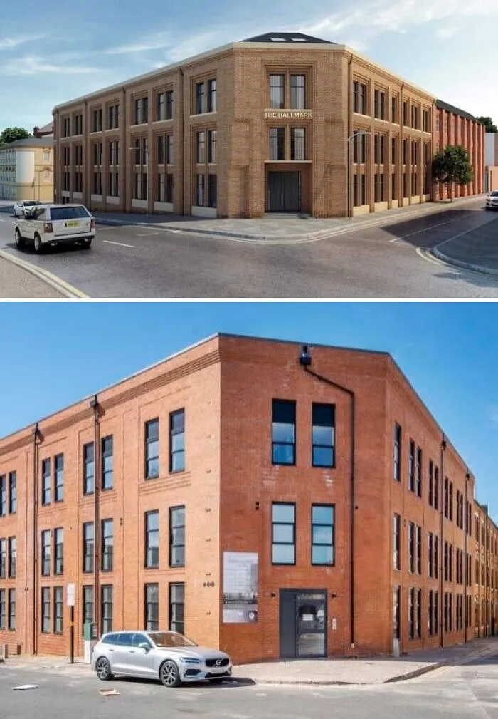 A split image showing an architects vision of a brick building called The Hallmark, compared to its starker, less detailed reality.