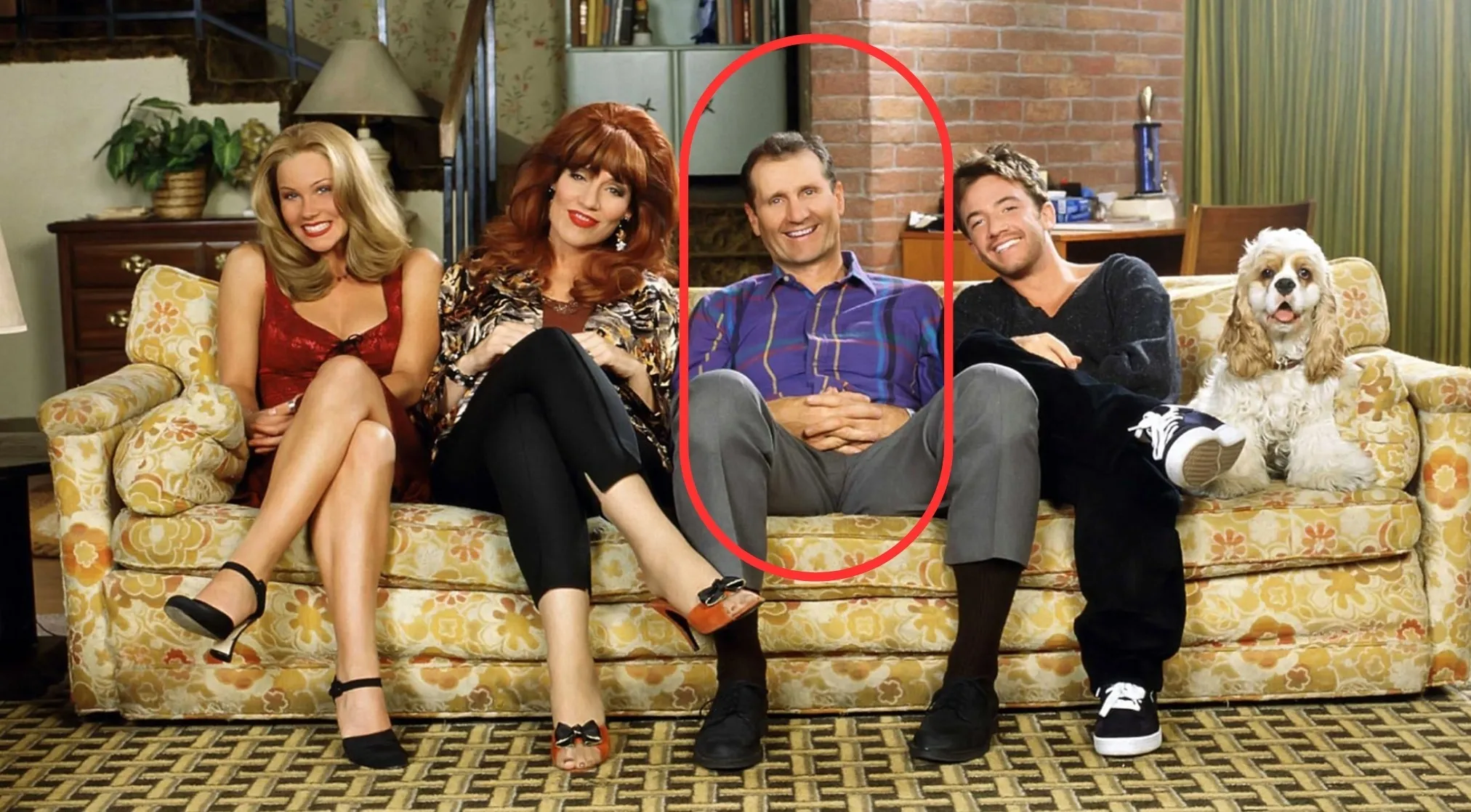 The cast of Married... with Children on a couch, with Al Bundy circled. TV show character profession.