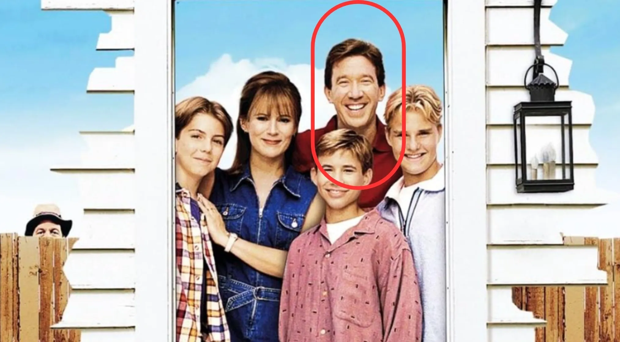 The Cast of Home Improvement, featuring Tim Taylor and his family, with Tim's face highlighted by a red circle.