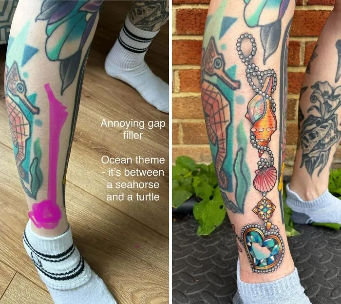 Before and after images of a leg, with a new stunning tattoo filling a gap between existing ocean-themed tattoos.