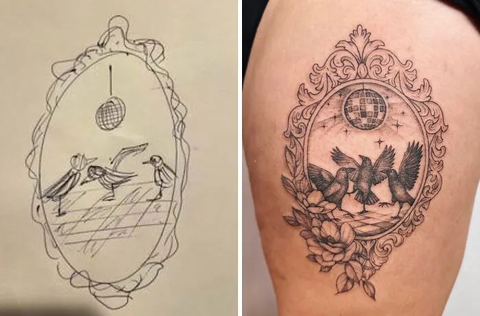 Before-and-after of a creative tattoo design on a thigh, featuring birds under a disco ball in an ornate frame.