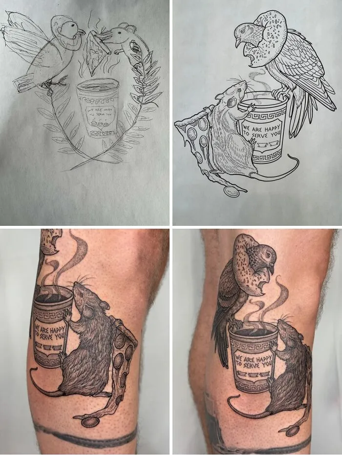 Detailed comparison of early sketches and final stunning tattoos on a leg, showing birds, rats, coffee, and pizza.