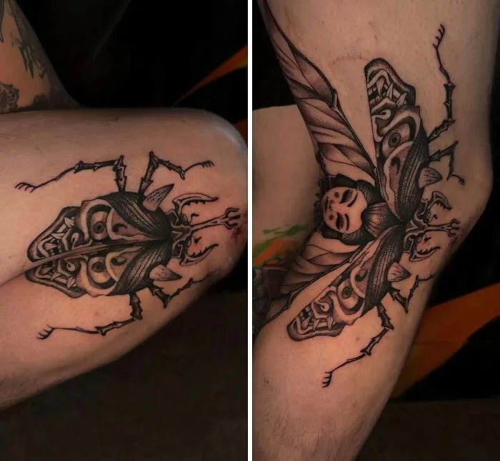 Two views of a large, intricate black and white beetle tattoo on a person's leg. This stunning tattoo is a permanent design.