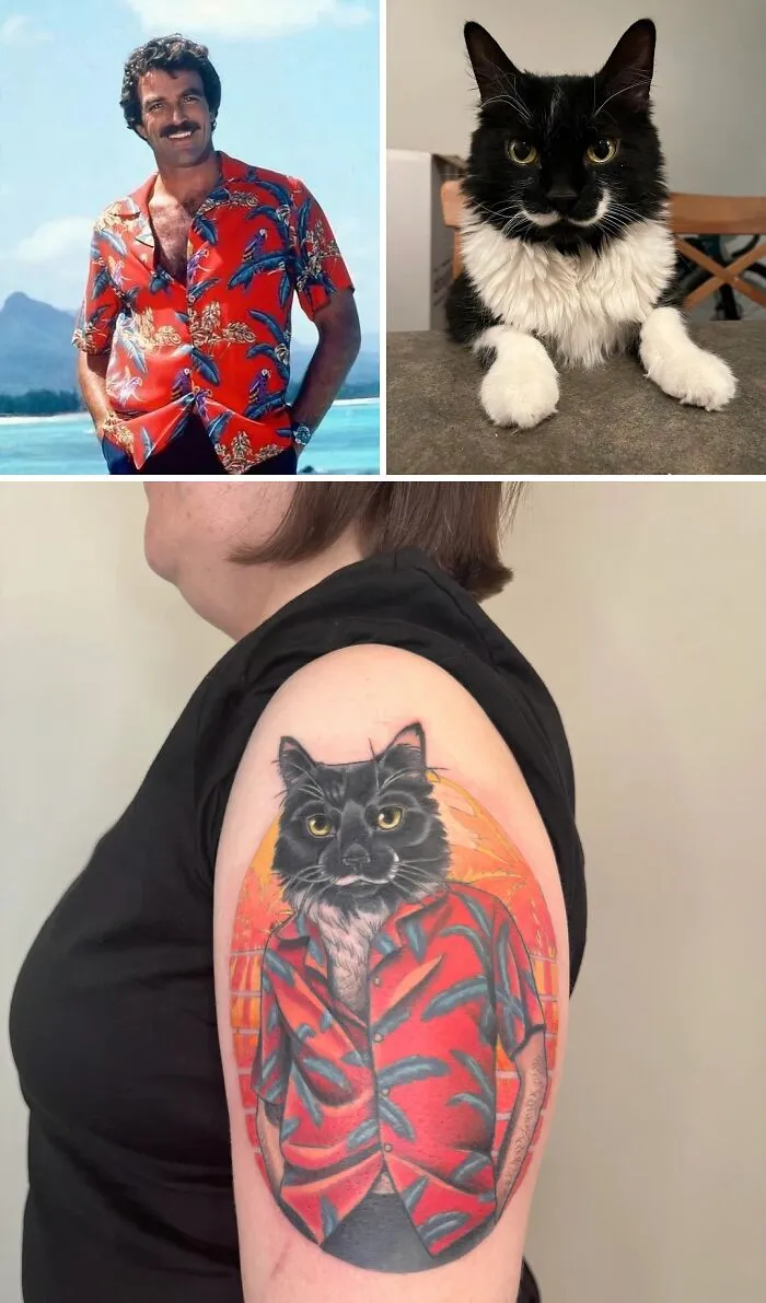 A collage showing Magnum P.I., a black and white cat, and a stunning tattoo of the cat dressed as Magnum P.I.