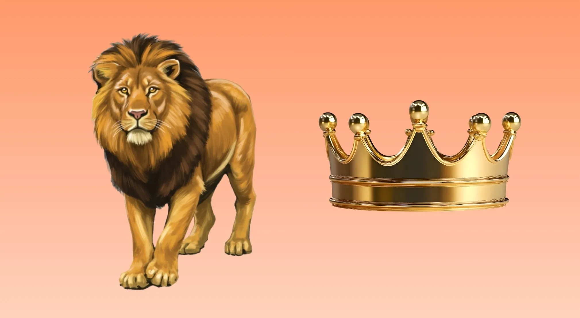 A proud lion stands on the left, next to a golden crown on the right, against a coral background. Movie Rebus Quiz.