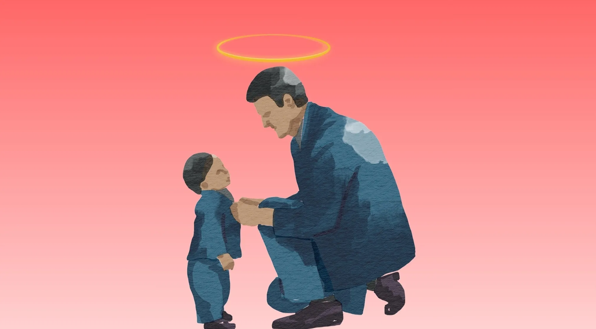 Watercolor-style illustration for a Movie Rebus Quiz. A father kneels, looking at a child, with a halo over his head.