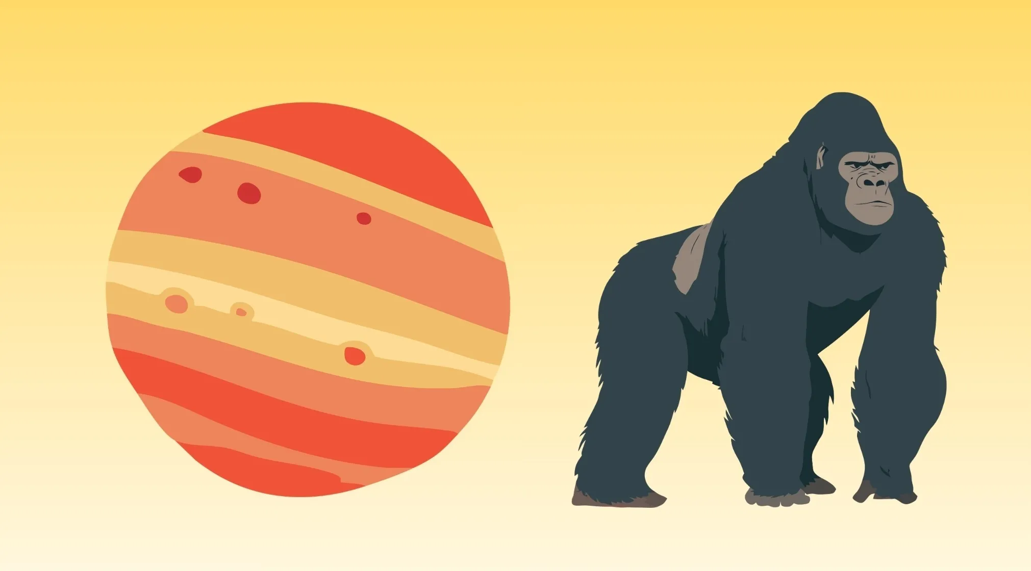 A Movie Rebus Quiz image featuring a striped red and orange planet next to a dark grey gorilla on a yellow background.