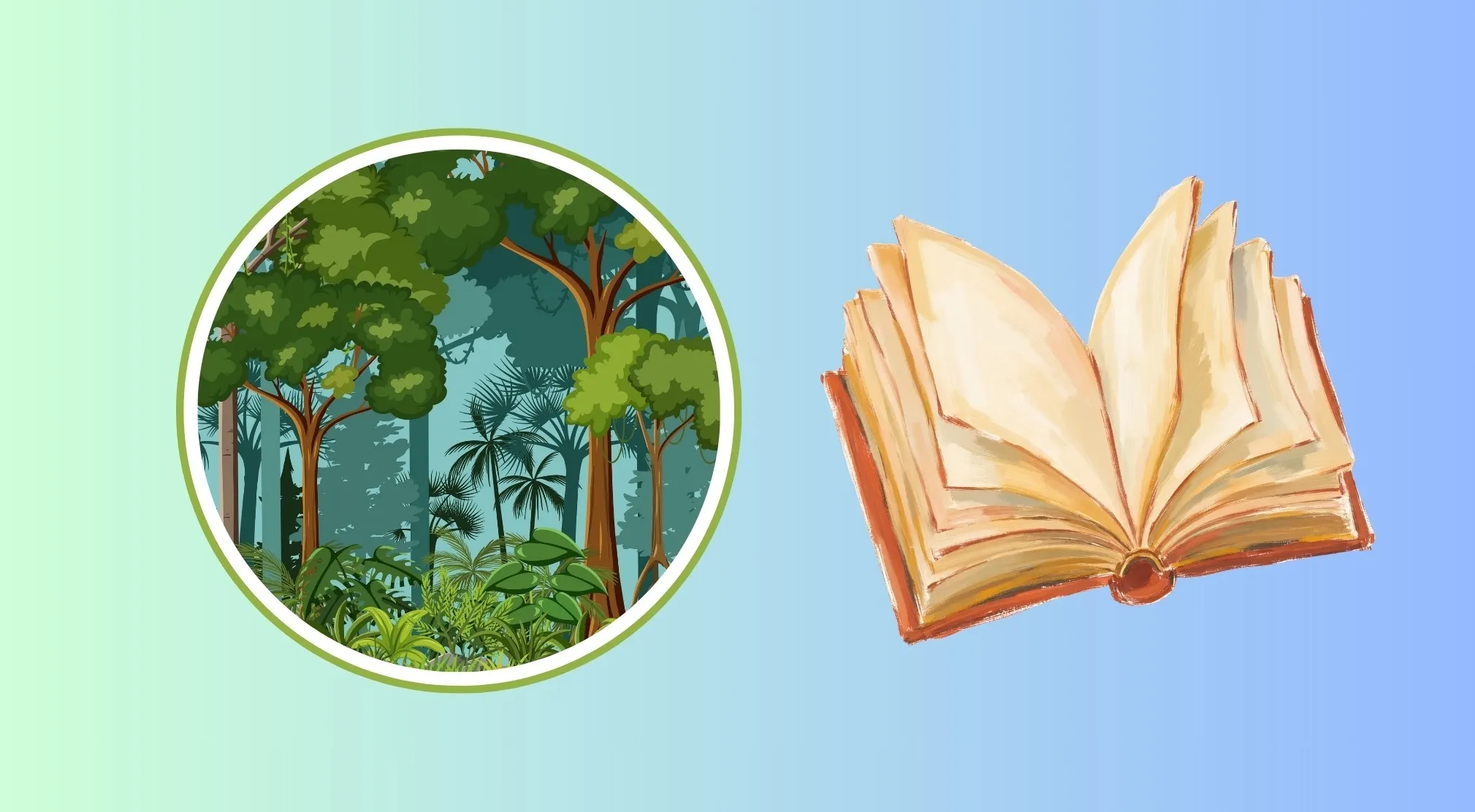 A jungle scene in a circle next to an open book, providing clues for a Movie Rebus Quiz.