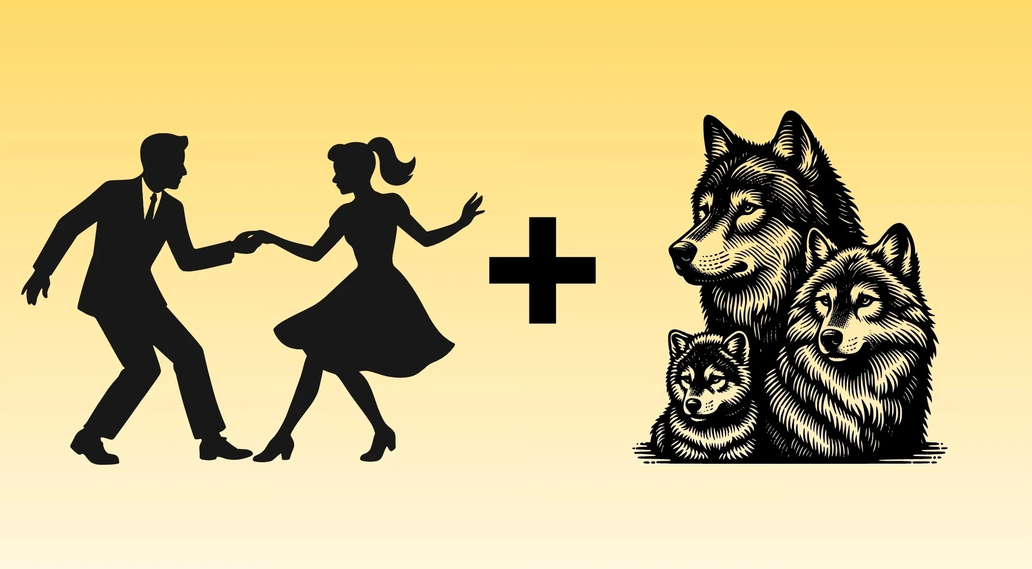 A Movie Rebus Quiz image with silhouettes of a dancing couple, a plus sign, and three wolves.