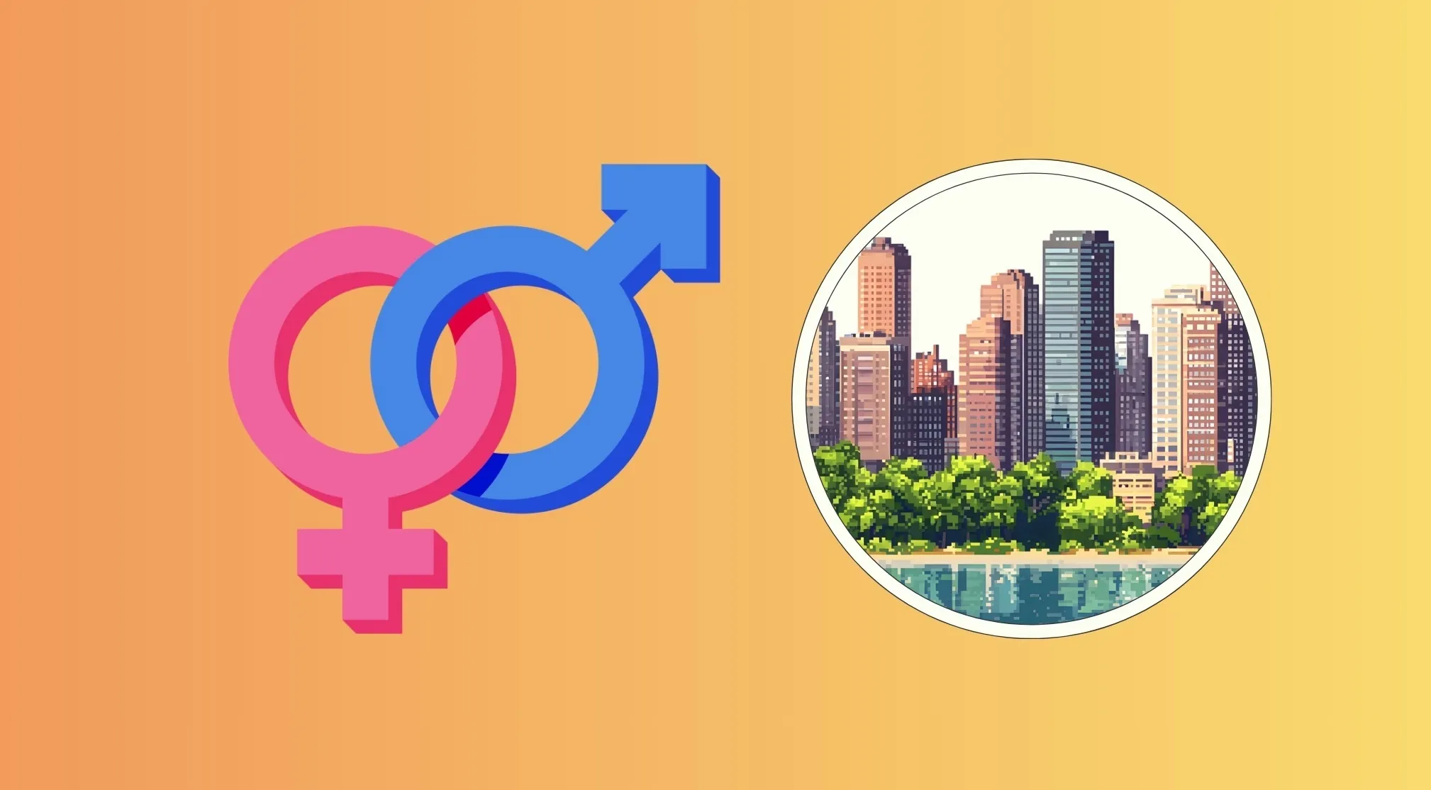 A Movie Rebus Quiz image with interlocking pink female and blue male symbols beside a pixelated cityscape.
