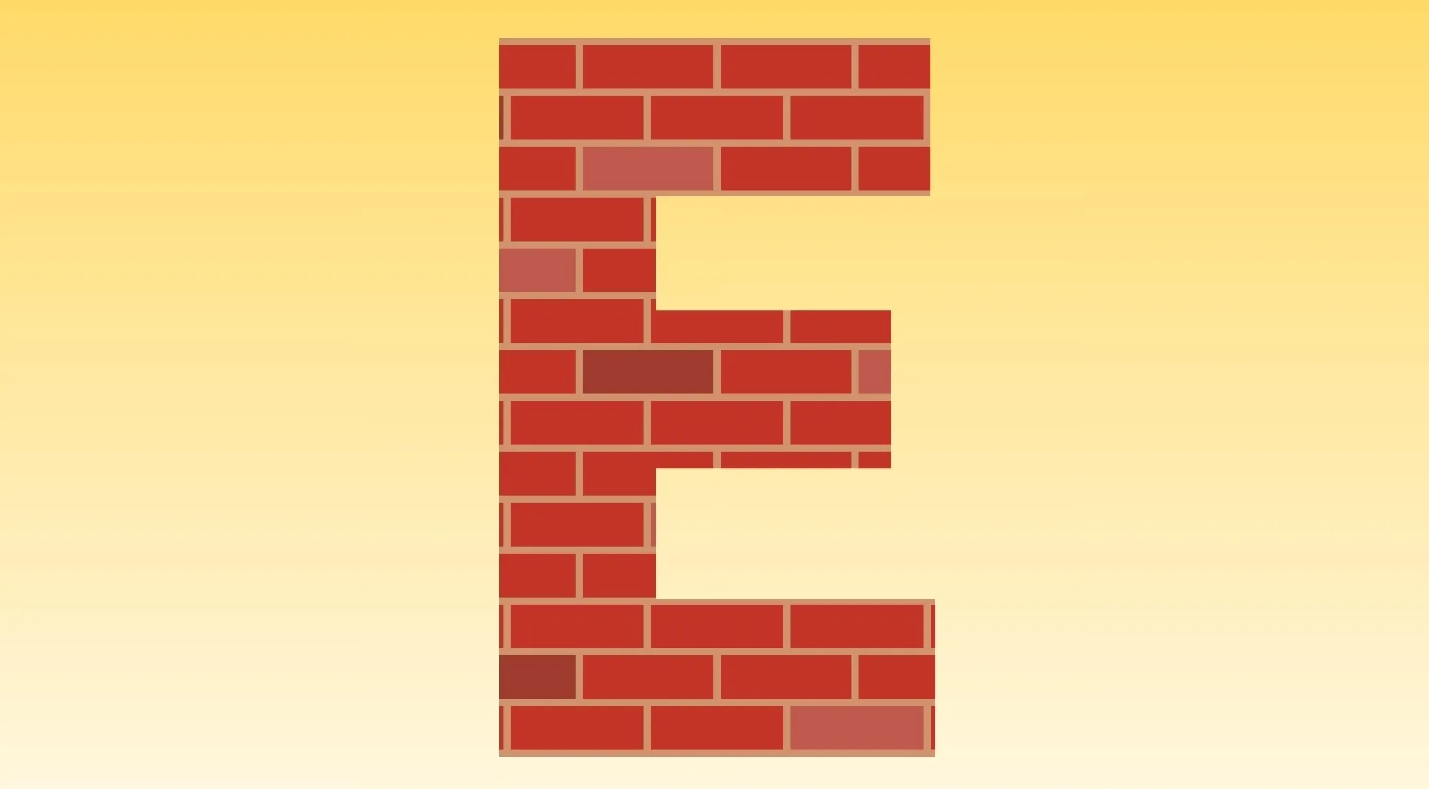 A letter E made of red bricks, standing on a yellow background. Visual clue for an animated film movie rebus quiz.