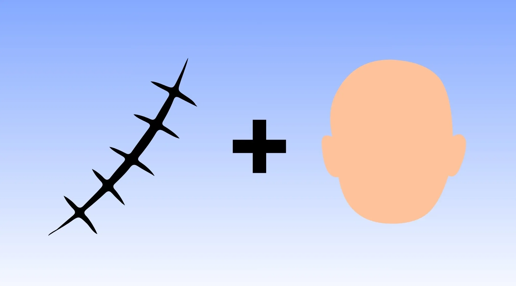 Movie Rebus Quiz image with a black stitching-like symbol, a plus sign, and a bald head, forming a rebus.