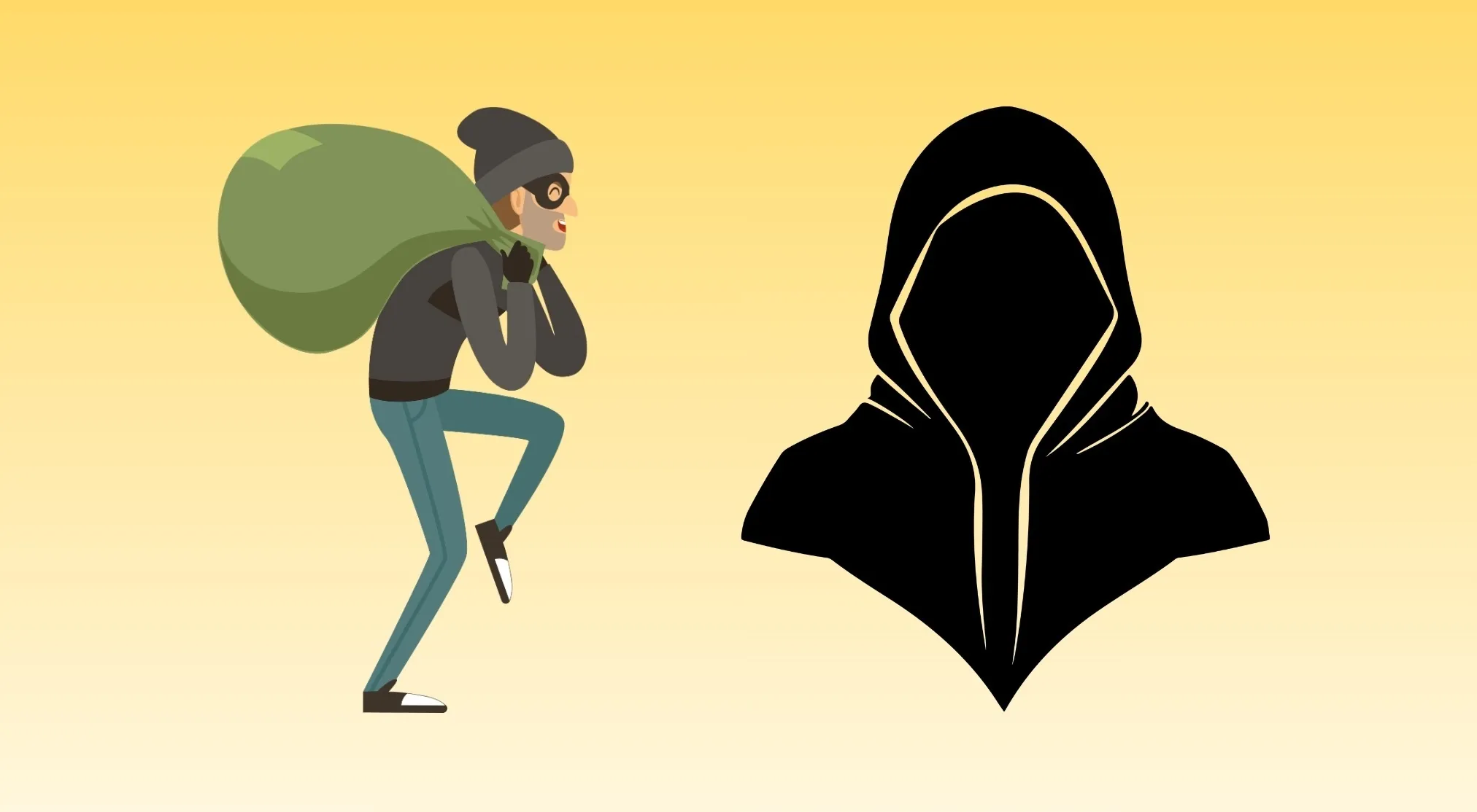 A cartoon thief with a sack and a black hooded figure, icons for a Movie Rebus Quiz.