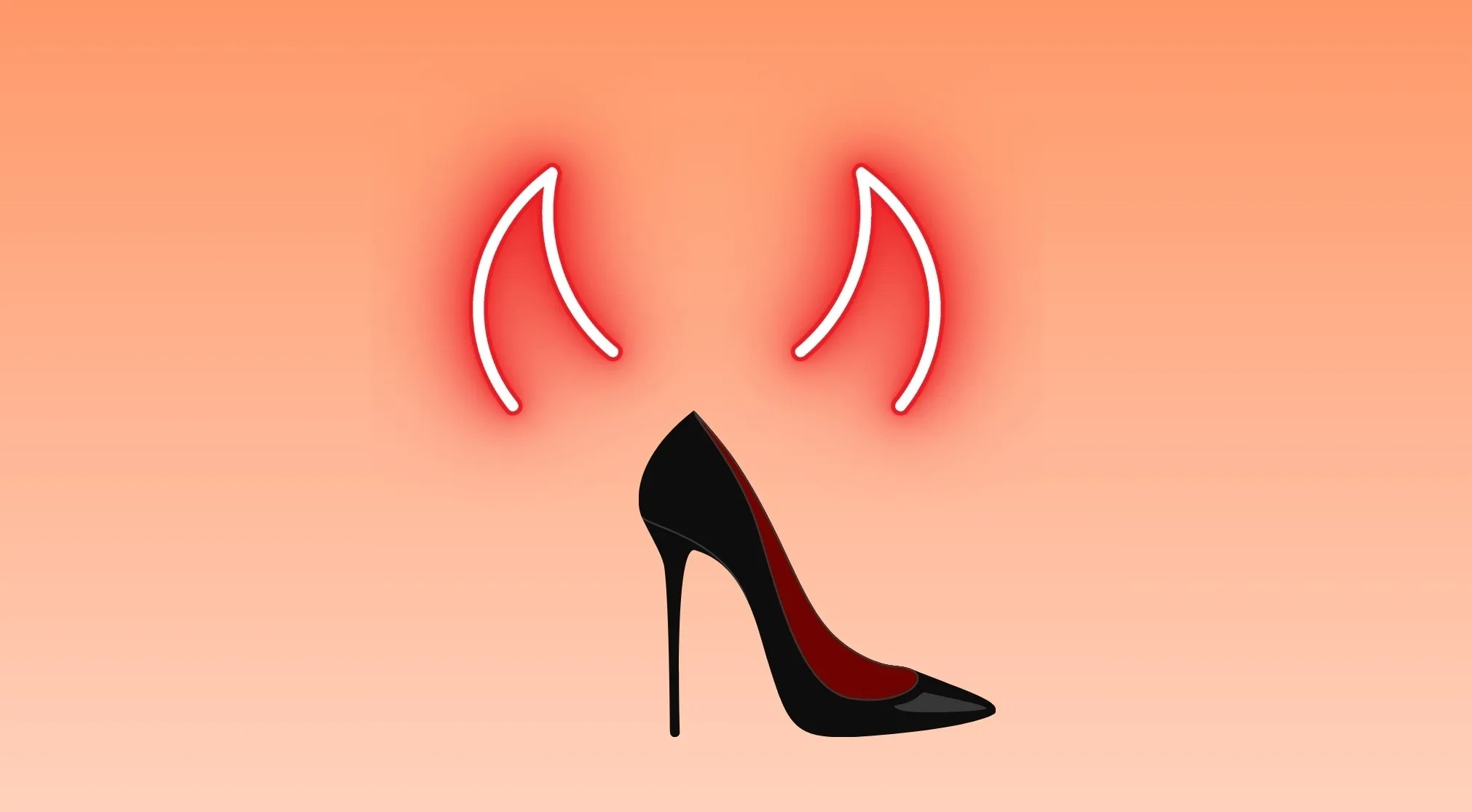 Movie Rebus Quiz image: A black high-heel shoe with red glowing devil horns above it on a peach background.