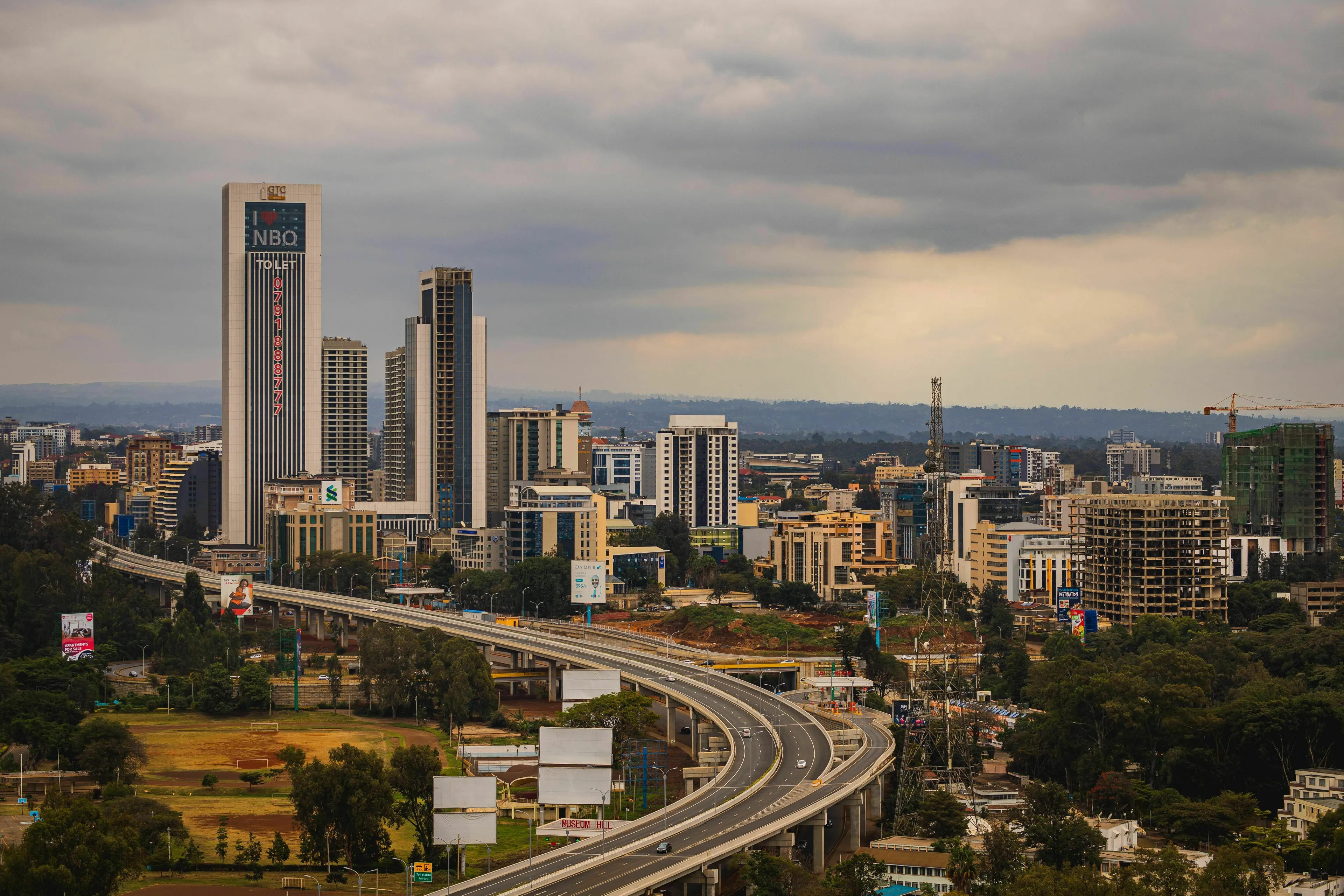 Nairobi cityscape featuring modern buildings and a highway, a general knowledge pub quiz question.