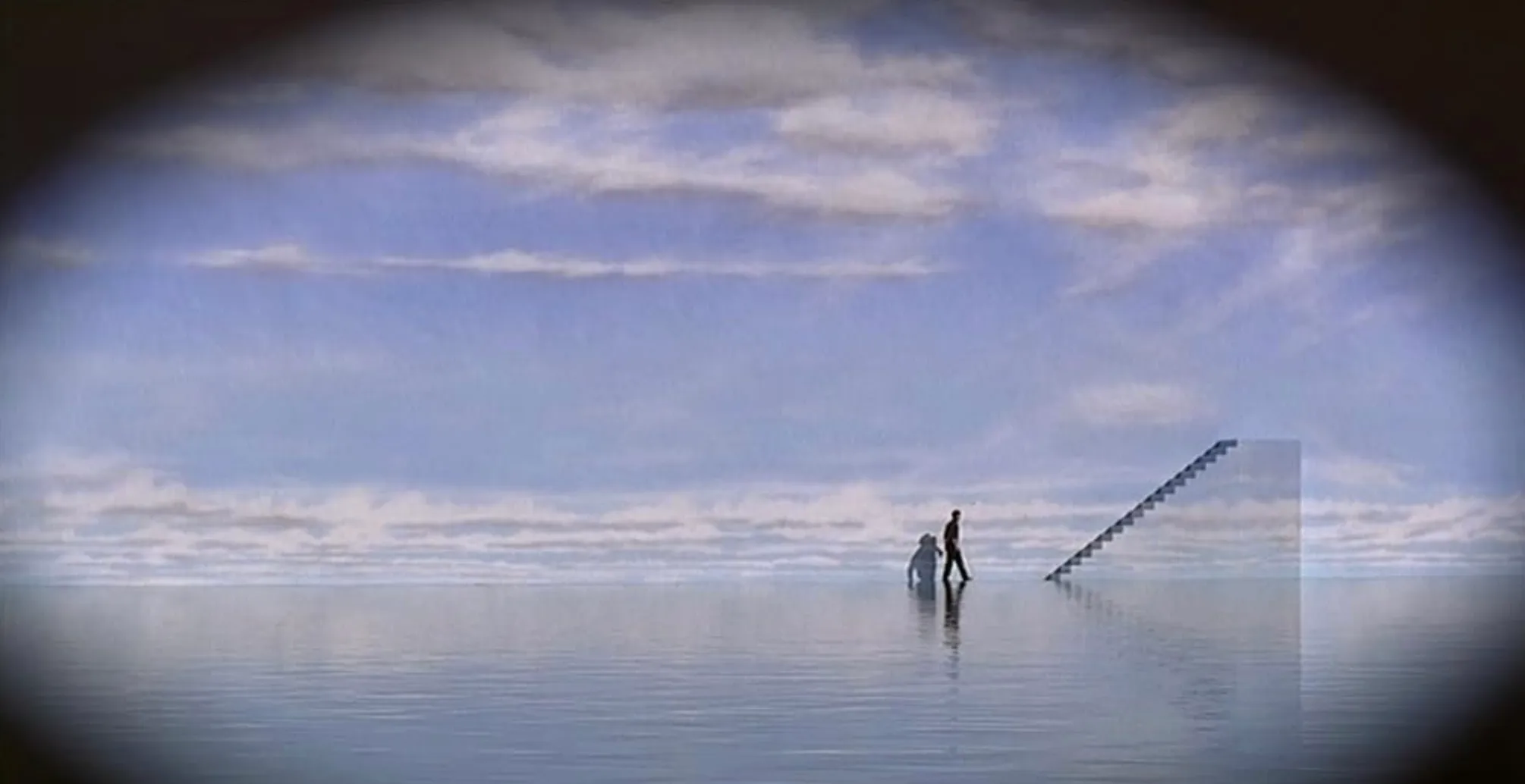 Scene from The Truman Show featuring the lead role actor, Truman, walking towards a staircase in the sky.