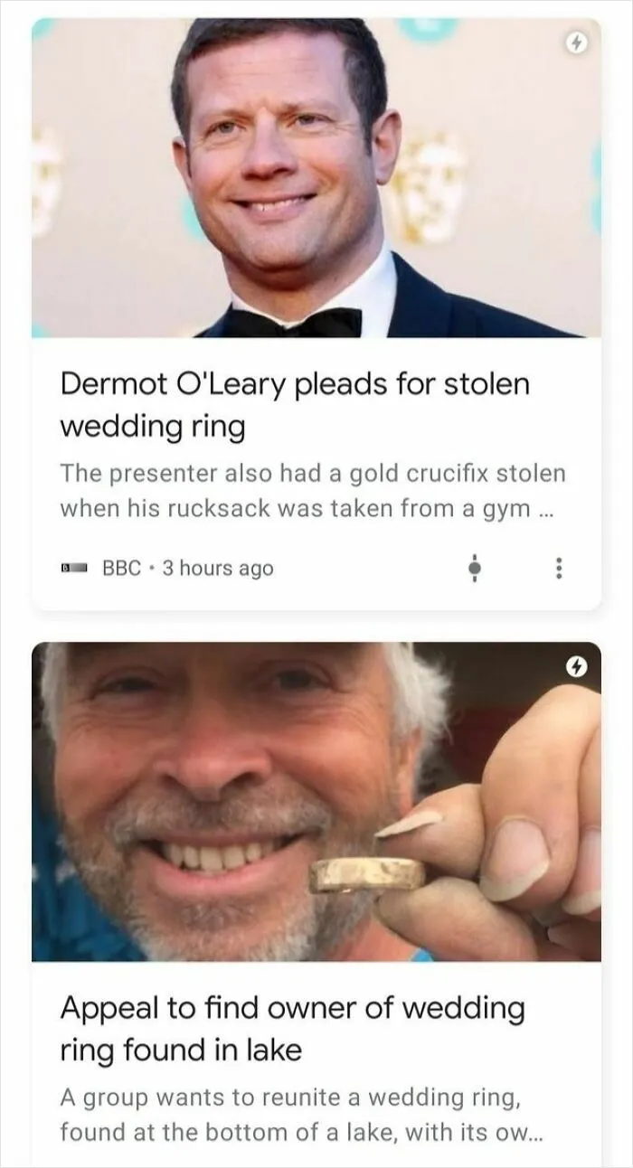 Hilarious placement of ads about stolen and found wedding rings appearing consecutively on a mobile screen.