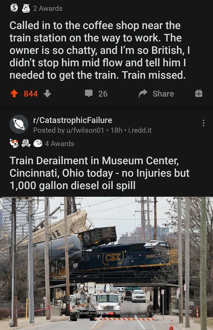 A Reddit post about missing a train due to a chatty shop owner is above a post about a train derailment, creating interesting ad placement.