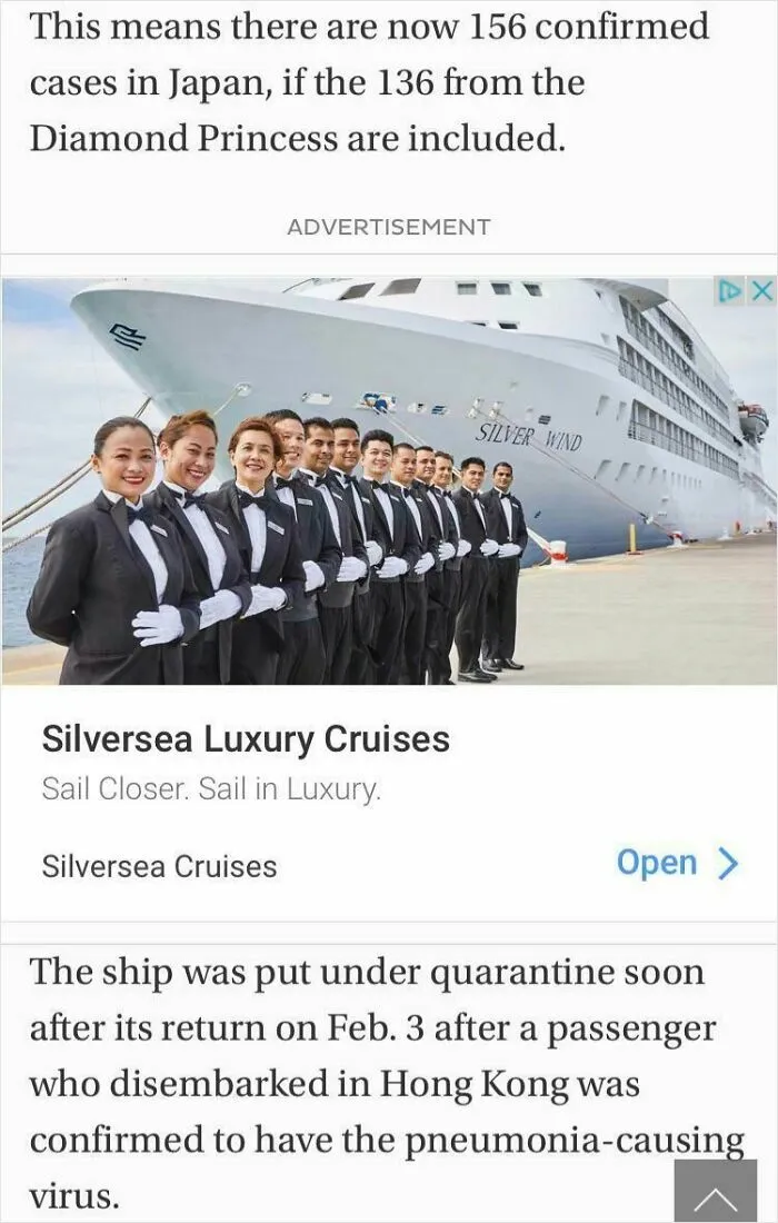 Silversea Luxury Cruises ad featuring a ship and crew positioned above a news story about quarantine due to a virus.