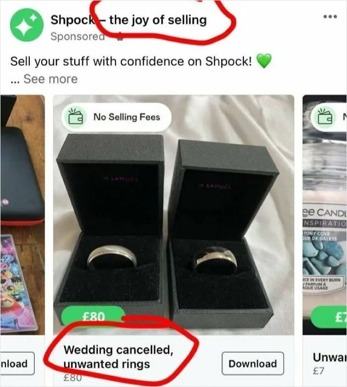 A hilarious ad for wedding rings due to a cancelled wedding, with the tagline 'the joy of selling' on Shpock.