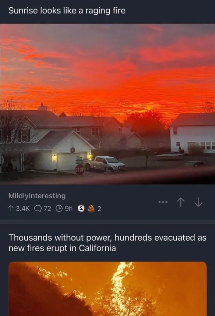 A news feed shows a beautiful red sunrise image followed by a headline about new fires erupting in California, creating an interesting placement.