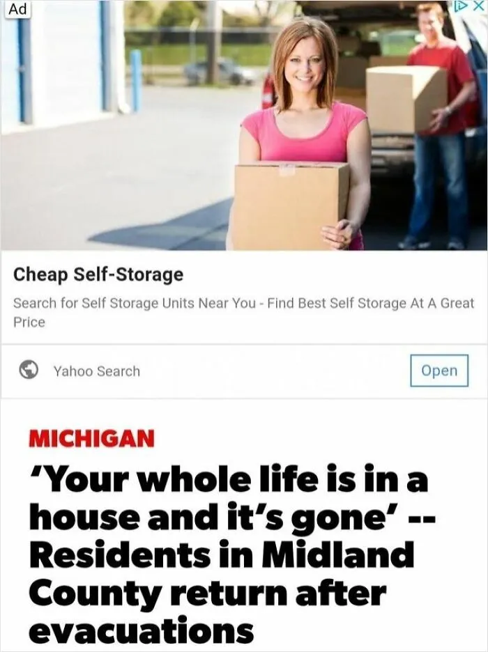 A woman holding a box, with the ad for Cheap Self-Storage placed above a headline about residents returning after evacuations.