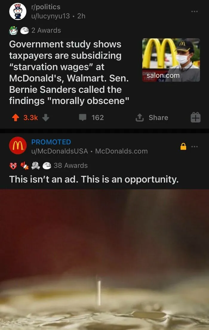 An interesting ad for McDonald's below a news article about McDonald's paying 'starvation wages'.