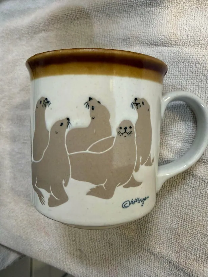 White mug with brown rim featuring playful seals, an adorable thrift store jackpot find.