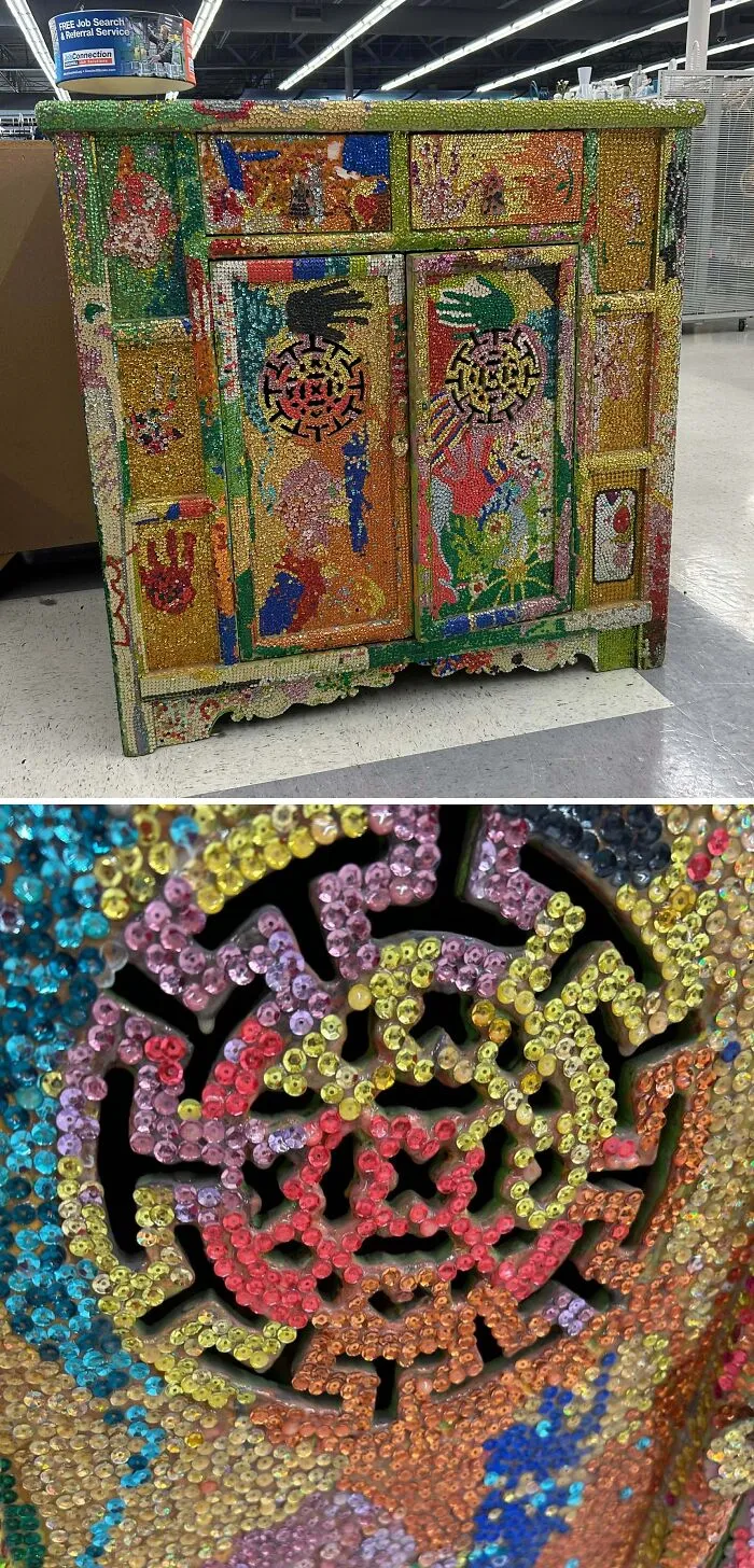 A vibrant, jeweled cabinet found at a thrift store, showcasing intricate, colorful beadwork and detailed patterns.
