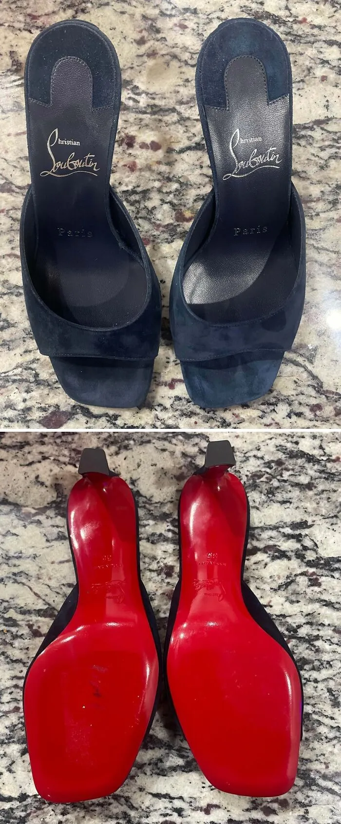 Pair of navy blue Christian Louboutin heels with signature red soles, a fantastic thrift store jackpot.