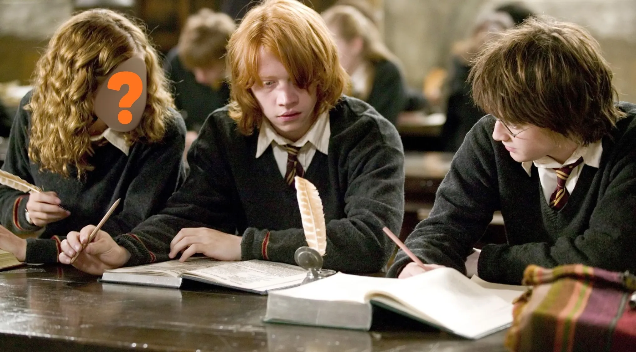 Harry Potter films characters in class. The actress who played Hermione Granger has a blurred face with a question mark.