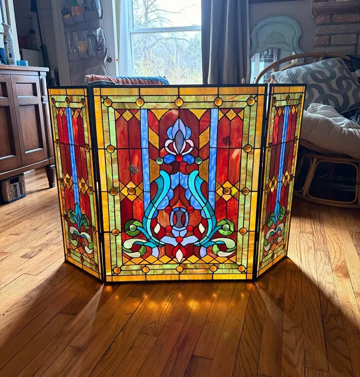 Three-Panel Stained Glass Fireplace Screen