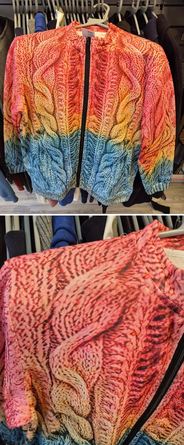A colorful knitted-pattern jacket, a fashionable thrift store jackpot.