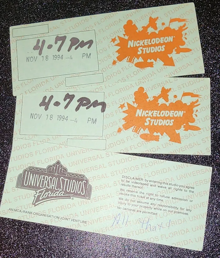 Two tickets to Nickelodeon Studios and Universal Studios Florida from November 18, 1994, examples of historical ephemera.