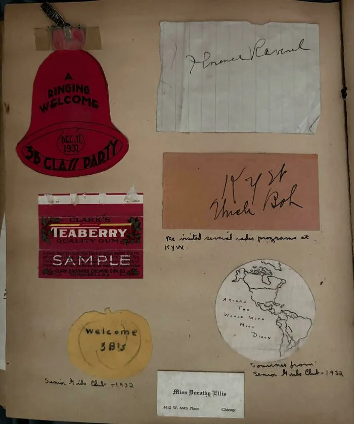 Vintage ephemera from a scrapbook including a bell cutout and chewing gum wrapper from the past.