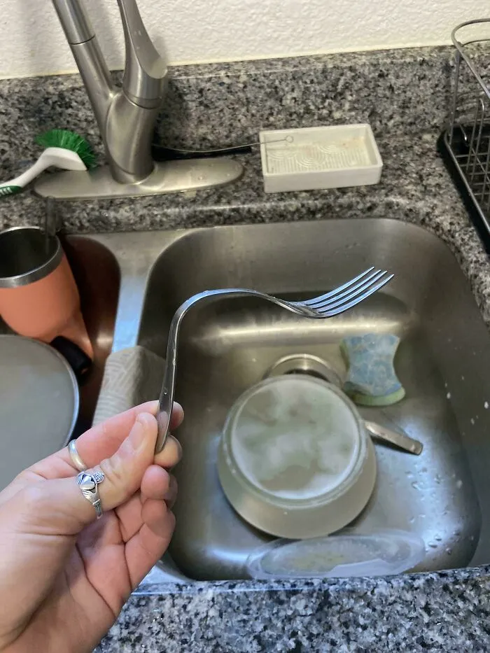 Instead Of Wrapping The Fork In A Napkin And Putting It In His Backpack, By Boyfriend Bends It So That It Fits Into The Tupperware His Lunch Was In. I Was Speechless Upon Discovery