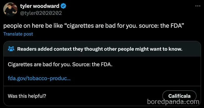 A social media post showing a fact-checked statement about cigarettes being bad for you from the FDA, illustrating people fact-checked.