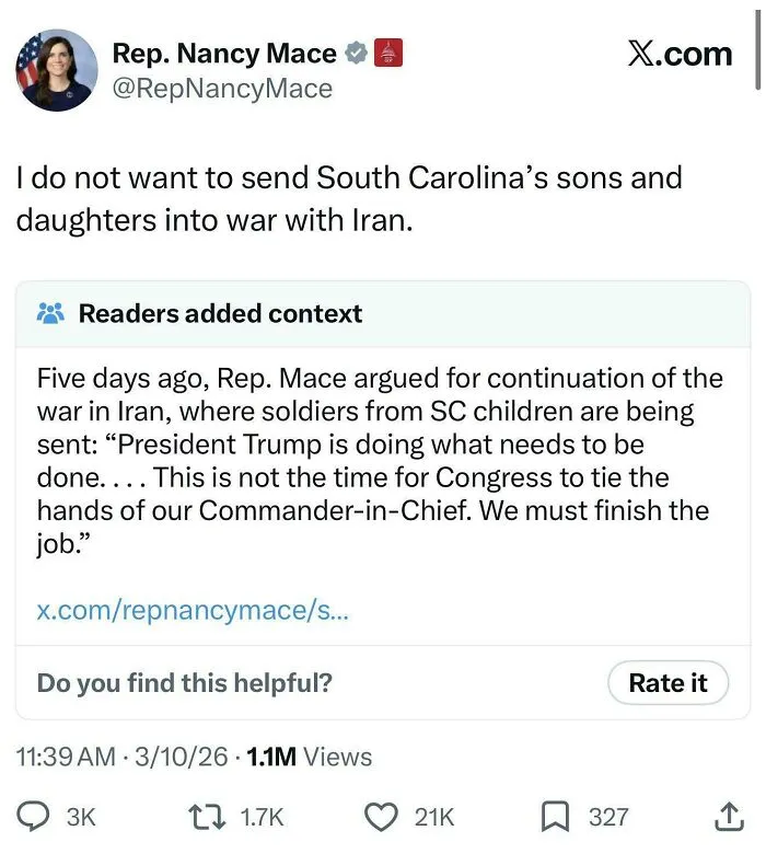 A fact-checked tweet showing Rep. Nancy Mace's statement against war, debunked by her previous stance.