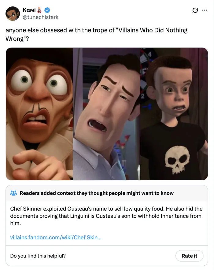 A fact-checked tweet showing animated villains from movies, debunked by context of their actions.