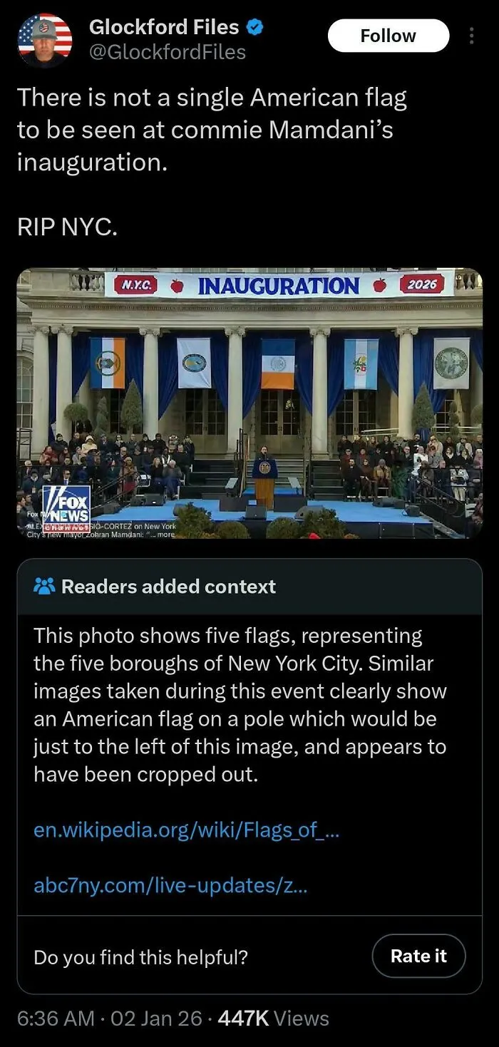A fact-checked tweet showing an inauguration with flags, debunked by context of a cropped American flag.