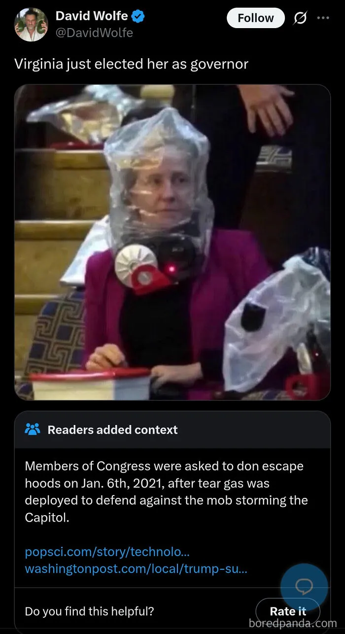 A woman wearing an escape hood during a fact-checked event, highlighting people who got fact-checked.