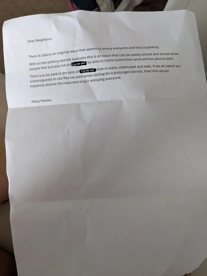 A letter addressing an ongoing parking issue, a common sense problem among jerk neighbors.